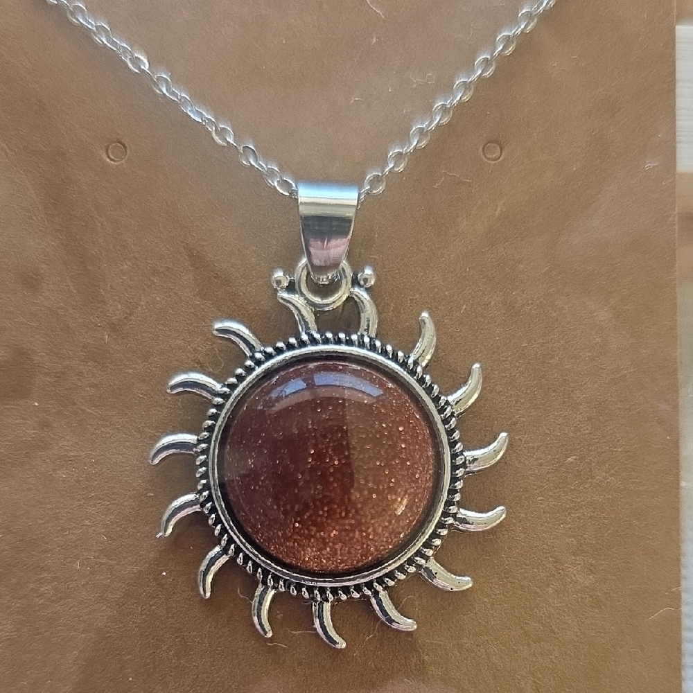 Silver and Brown Sun Pendant Necklace